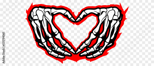 Skeleton hands howing heart shape. T-shirt print for Horror or Halloween. Hand drawing illustration isolated on white background. Vector EPS 10