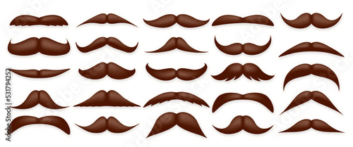 Various brown mustache collection. Vintage, retro mustaches. Facial hair, hipster beard. Vector illustration