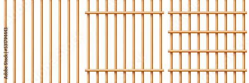 Realistic wooden lattice, rural picket fence. Farm or village house boundary, garden enclosing planks. Detailed wooden jail cage. Criminal background mockup. Creative vector illustration