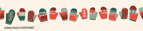Colorful Retro Knitted MittensVector Seamless Pattern Horizontal Border. Hand Drawn Fair Isle Knitwear Graphic Print. Winter Holiday Background. Red and White Christmas Doodle Design