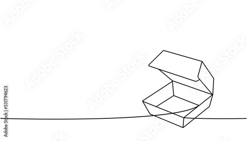 Hamburger cardboard box one line continuous drawing. Empty cardboard boxes, bags for takeaway food continuous one line illustration.