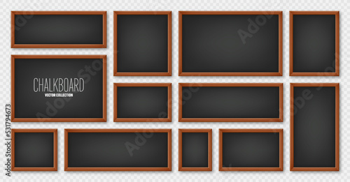 Realistic various chalkboards in a wooden frame. Black restaurant menu board. School blackboard, writing surface for text or drawing. Blank advertising or presentation boards. Vector illustration