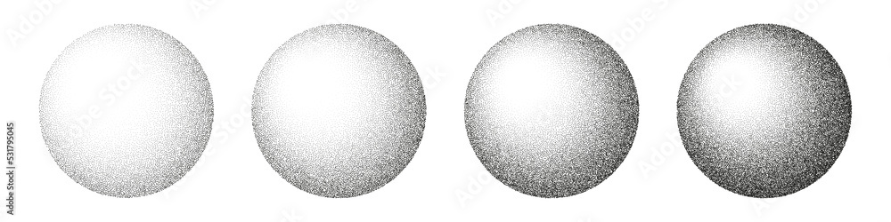Round shaped dotted objects, stipple elements. Fading gradient. Stippling, dotwork drawing, shading using dots. Pixel disintegration, halftone effect. White noise grainy texture. Vector illustration Round shaped dotted objects, stipple elements. Fading gradient. Stippling, dotwork drawing, shading using dots. Pixel disintegration, halftone effect. White noise grainy texture. Vector illustration