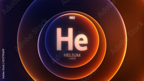 Helium as Element 2 of the Periodic Table. Concept illustration on abstract orange purple gradient rings seamless loop background. Title design for science content and infographic showcase display.