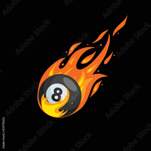 Vector detailed fireball illustration with pool 8 ball in the middle of it. Flying down with huge energy. Sports theme competition illustration.