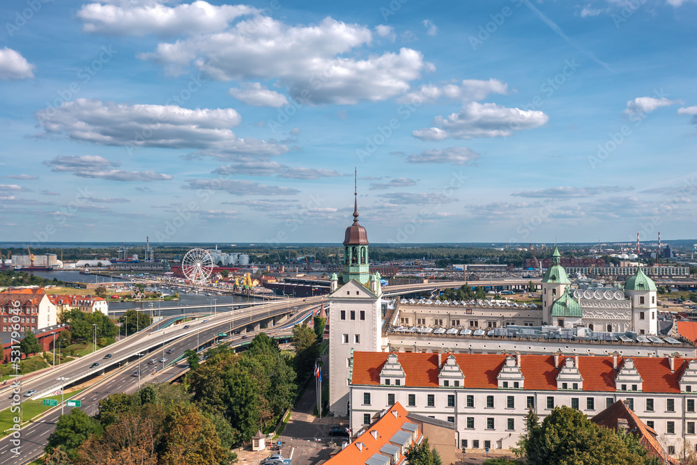 Aerial view on Pomeranian Dukes' Castle (Polish: Zamek Książąt Pomorskich) in Szczecin, Poland.