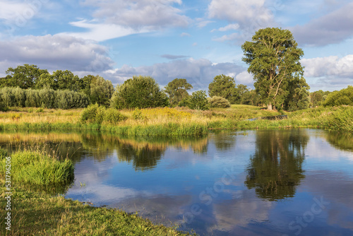 Trave mit Spiegelung des Himmels und der Vegetation im Wasser bei Bad Oldesloe in Schleswig-Holstein, Deutschland. Wiederanschluss Altarm Kneeden, Renaturierung.