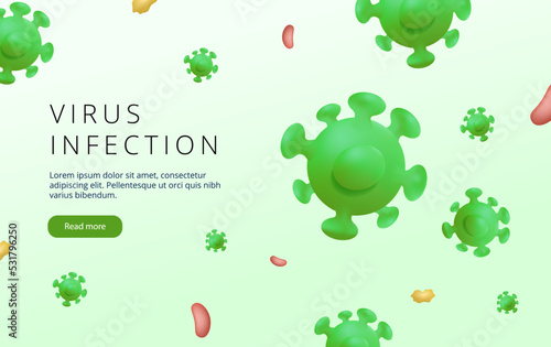 Virus infection 3D render landing page, banner. Novel Coronavirus. Allergy bacteria, germ. Virus Covid. Green background