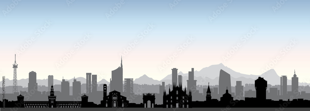 Naklejka premium Milan city skyline. Italy, famous architectural cityscape. Tourist landmarks. Travel background with historic buildings. European urban italian landscape