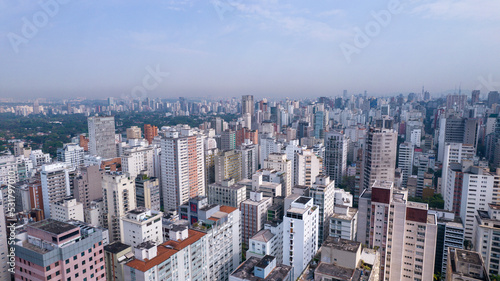 Aerial view of São Paulo, in the neighborhood of Jardins. Many residential buildings and a building under construction