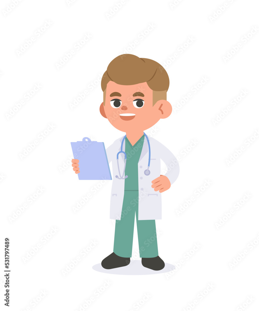 A man doctor in scrubs and gown outfit illustration vector cartoon character design on white background. Medical concept. A man doctor in scrubs and gown outfit illustration vector cartoon character design on white background. Medical concept.