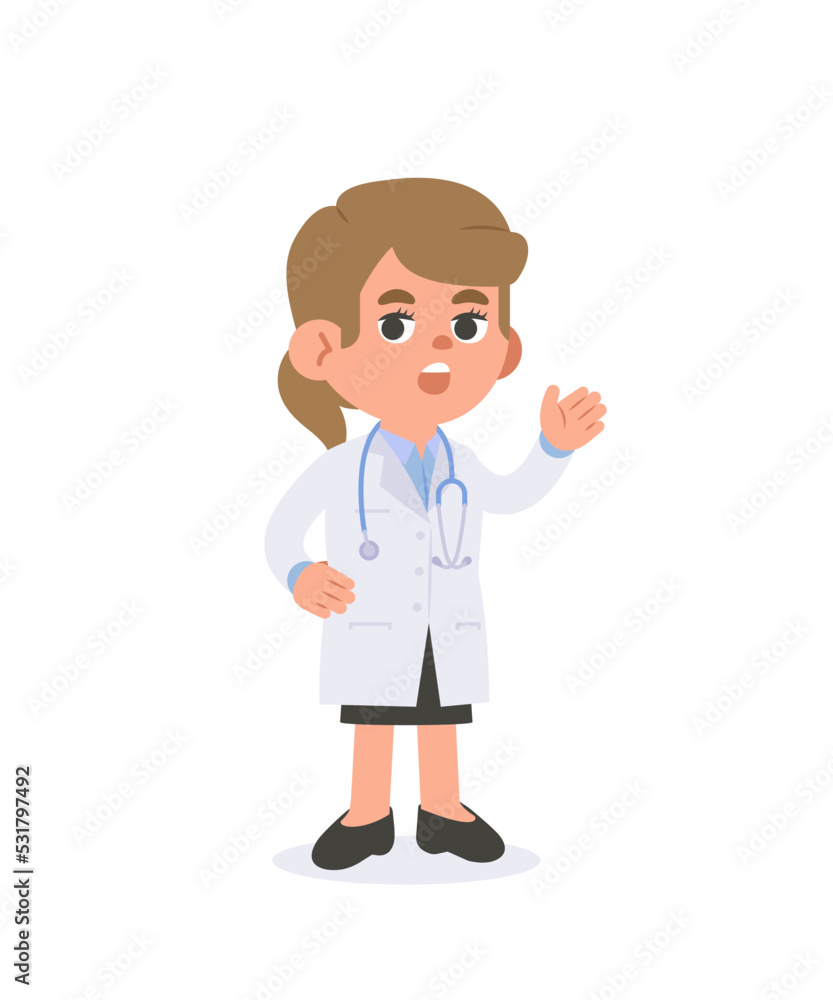 A woman doctor saying in gown outfit  illustration vector cartoon character design on white background. Medical concept.