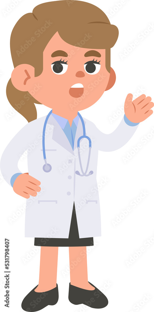 A woman doctor saying in gown outfit illustration vector cartoon character design on white background. Medical concept. A woman doctor saying in gown outfit illustration vector cartoon character design on white background. Medical concept.