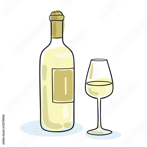 Bottle of white wine and wine glass. Picture in line style. Black contour with colored spots. Isolated on white background.  Vector flat illustration.