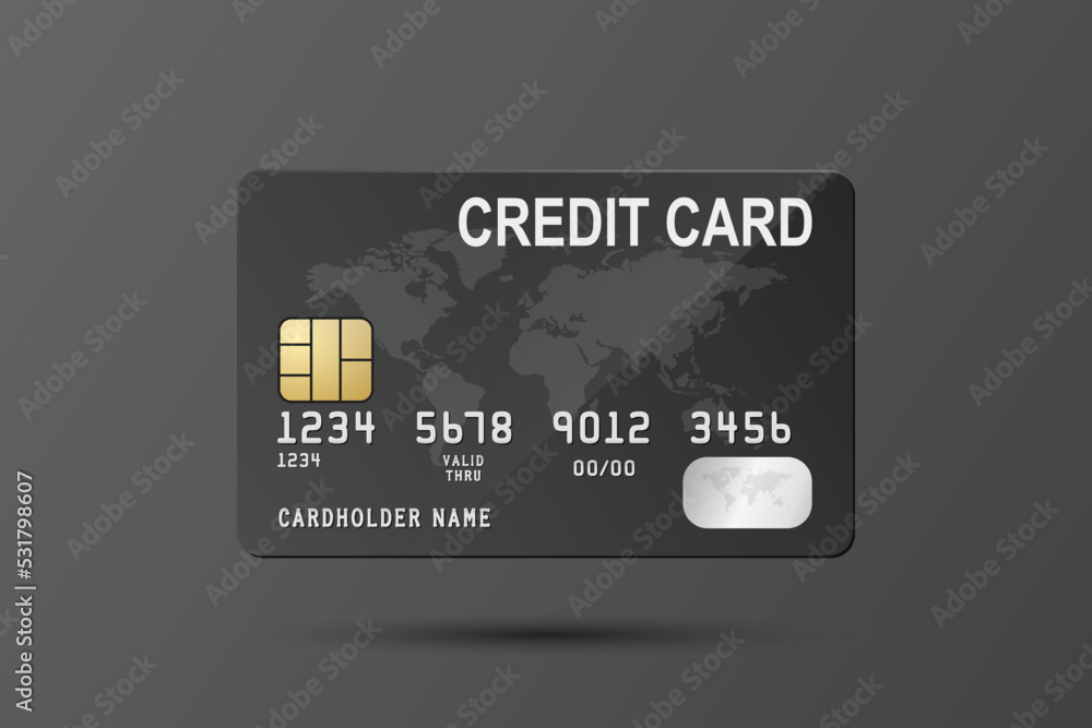Obraz premium Vector 3d Realistic Black Credit Card with World Map Isolated. Design Template of Plastic Credit or Debit Card for Mockup, Branding. Credit Card Payment Concept. Front View