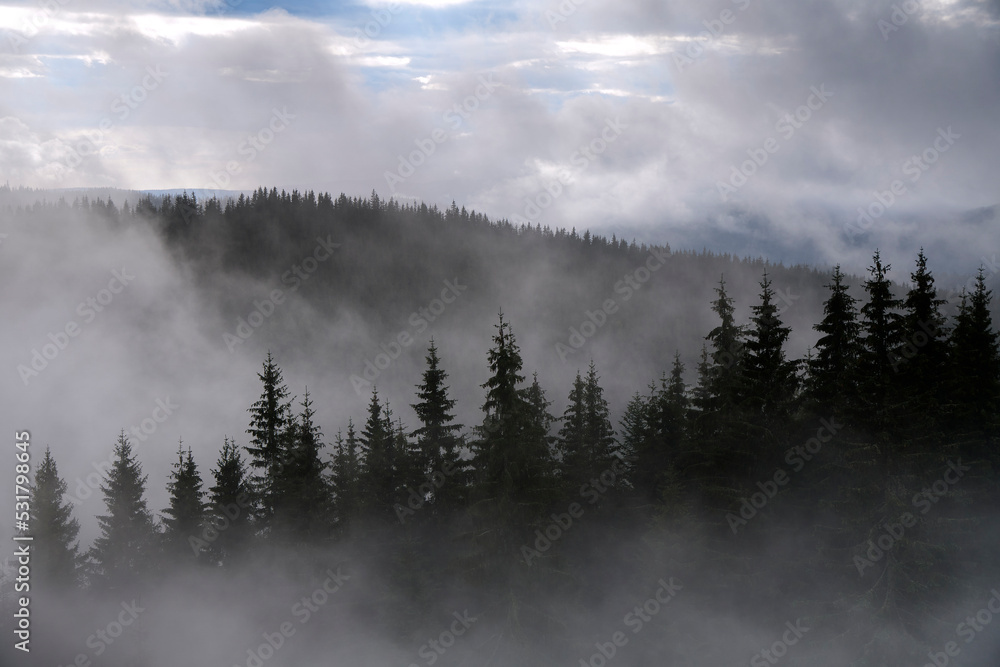 Fototapeta premium Incredible view of the Carpathian mountains early in the morning. sunrise in the mountains. Cloudy sky after rainy night on the top of the hill. Mountain valley at sunrise. Rain drops on lens
