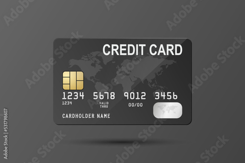 Vector 3d Realistic Black Credit Card with World Map Isolated. Design Template of Plastic Credit or Debit Card for Mockup, Branding. Credit Card Payment Concept. Front View