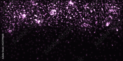 Pink or purple falling particles on black background with copy space. Sparkling magical dust. Festive premium abstract background with glittering defocused dust particles. Light bokeh effect