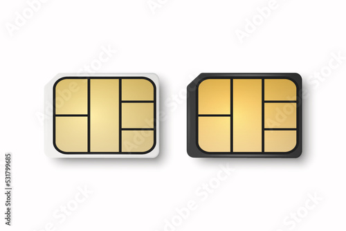 Vector 3d Realistic White and Black Plastic Nano Sim Card Template Set Isolated. Design Template of Sim Card for Mockup, Branding. Top View