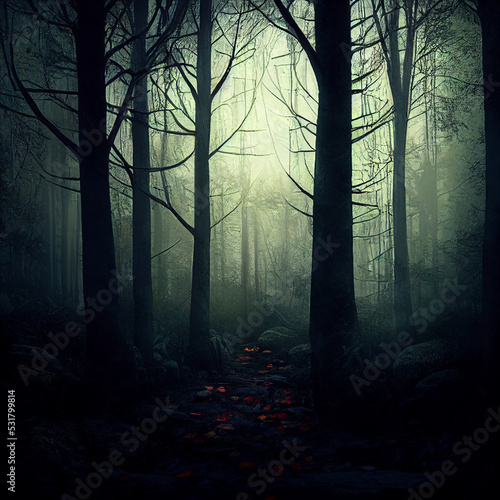 Gloomy forest in the fog. High quality illustration