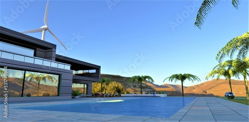 Calm in the pool of a stylish magnificent house located on a mountain plateau with its own wind generator, providing the energy autonomy of the estate. 3d render.