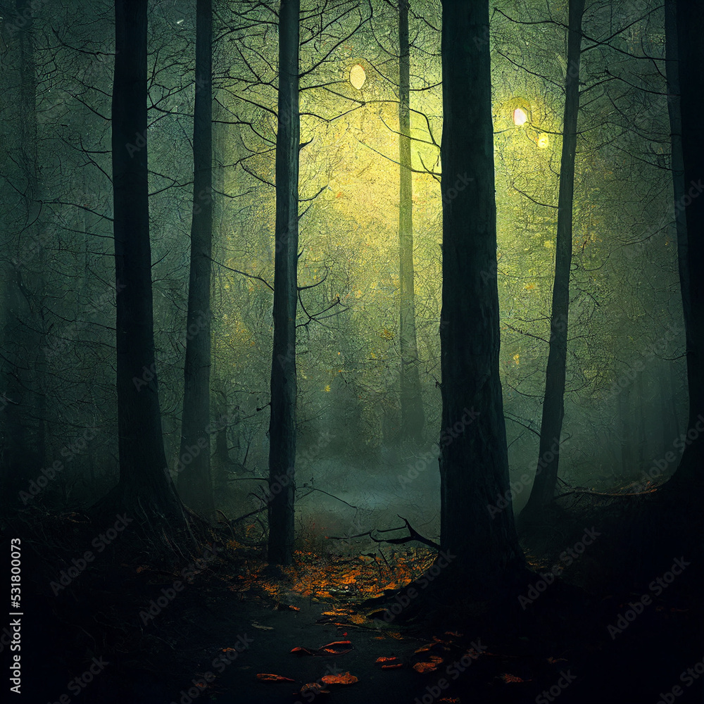 Gloomy forest in the fog. High quality illustration