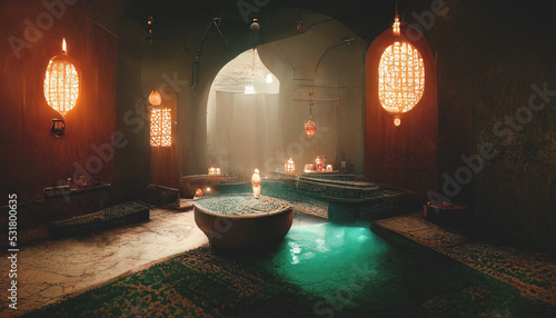 Ancient interior Turkish bath, frescoes on the walls, baths, oriental lanterns. Fantasy Turkish palace interior. 3D illustration.