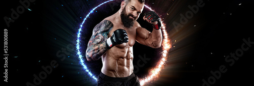 Boxer boxing on black background with neon lights. Sports website header template. Copy space for text design.