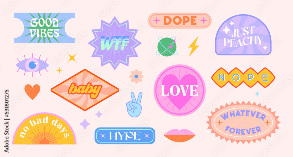 Vecteur Stock Vector set of cute funny patches and stickers in 90s ...
