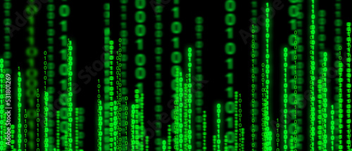 Computer coding with neon gradient, zeros and ones of binary code. Digitally generated image on a computer. Virtual reality, data, coding. High quality illustration © Александра Алероева