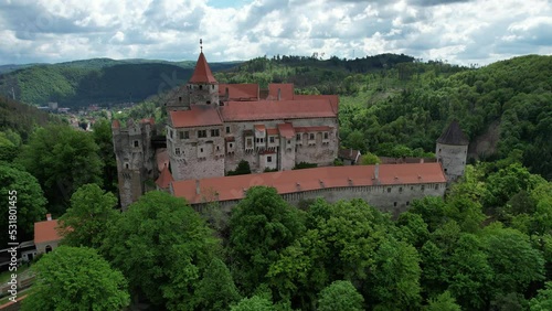 Historical old castle Pernstejn and its gardens in central Europe, aerial scenic panorama landscape view,hrad Pernstejn,Nedvedice	
 photo