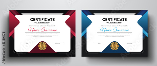 Blue and red color variation modern certificate template with golden color best award badge