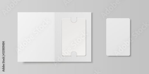 Vector 3d Realistic White Guest Room, Plastic Hotel Apartment Keycard, ID Card, Sale, Credit Card Design Template with Paper Cover Case, Wallet for Mockup, Branding. Top View