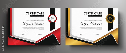 Golden dark black color luxury certificate template I Red color modern certificate design with award badge