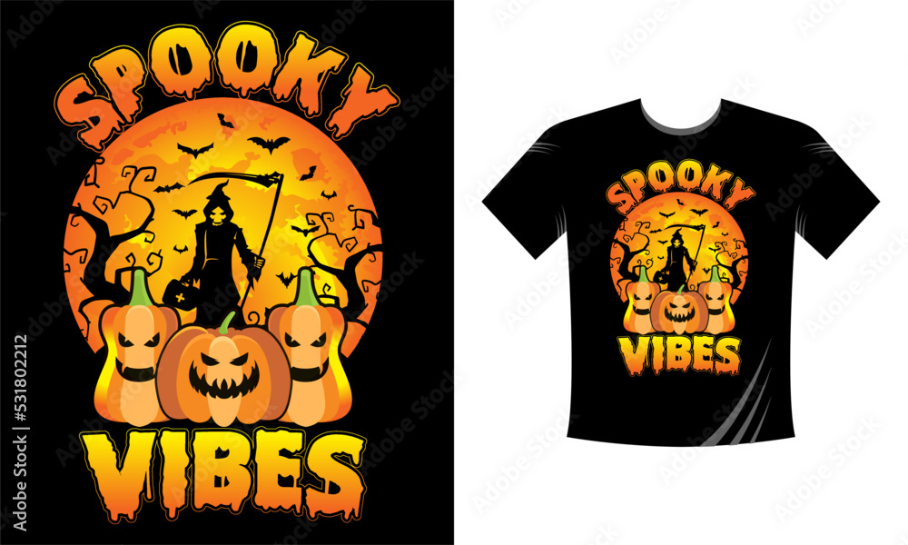 Spooky Vibes T-Shirt Design Template. Halloween T-Shirt with Pumpkin, Night, Moon, Witch, Mask. Night background T-Shirt for print.