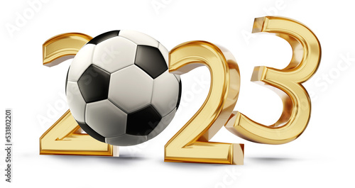 2023 year number in gold and white black soccer ball with slight shadowing 3d-illustration photo