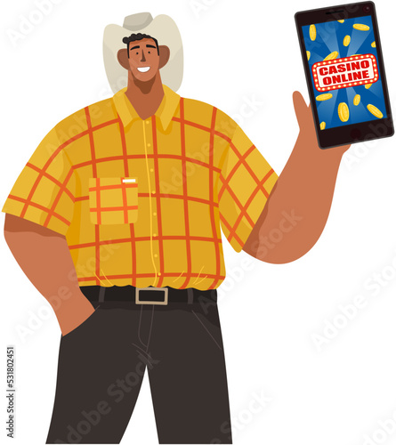 Man playing internet blackjack game using smartphone. Online casino gambling. Entertainment. Casino business. Happy male character in cowboy hat holds phone with pocker application, successful winner