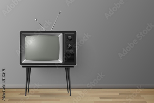 Vector 3d Realistic Retro TV Receiver on a Wooden Table Stand. Home Interior Design Concept. Vintage TV Set on the Wooden Floor. Television, Front View