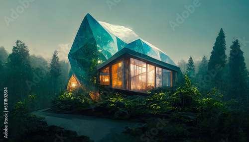 Large glass house in the forest. 3D illustration