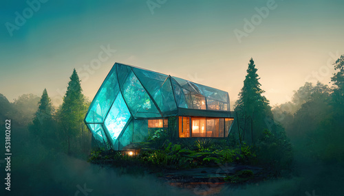 Fototapeta Naklejka Na Ścianę i Meble -  Large glass house in the forest. 3D illustration