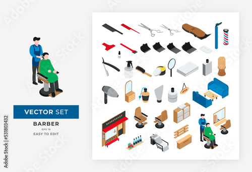 Isometric barber shop elements set with scissors comb razor towel brush and isolated interior furniture. suitable for a barber shop and salon company. easy to edit eps 10.