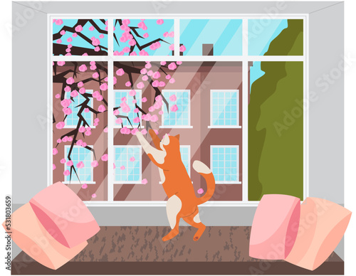 View from window. Red cat peeking through window city landscape with building and blooming tree. Cute pet meets his owners at home, domestic animal playful kitten sitting alone at home looking outside