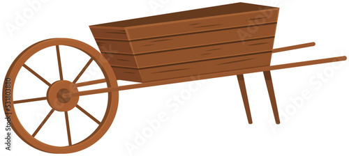 Empty wooden trolley, countryside equipment. Farm cart for transportation of organic products. Basket or container with wheels for harvesting. Element of harvest festival, agricultural wheelbarrow