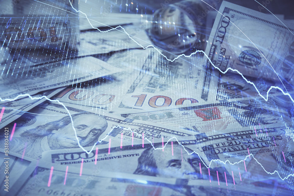 Multi exposure of forex chart drawing over us dollars bill background. Concept of financial success markets. Multi exposure of forex chart drawing over us dollars bill background. Concept of financial success markets.