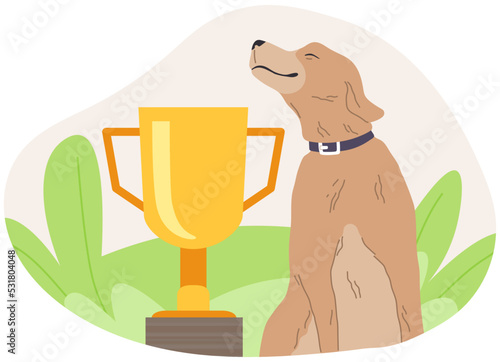 Happy dog with gold cup icon on green park background Flat illustration of dog show winner. Champion with award in doggy competition. Cheerful domestic animal with trophy. Achievement of cute pet