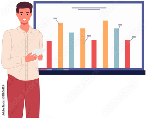 Analytics information and development statistics. Web analysis measure, product testing technology. Man analyses dashboard seo optimization, digital report. Statistical indicators and data on diagram