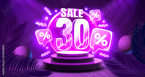 Mega sale special offer, Neon 30 off sale banner. Sign board promotion. Vector