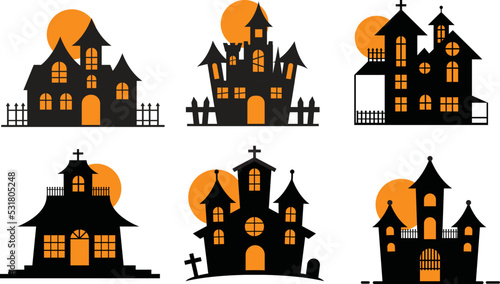 Halloween castle illustration. Spooky vector October tower. Scary dark horror silhouette house collection.  