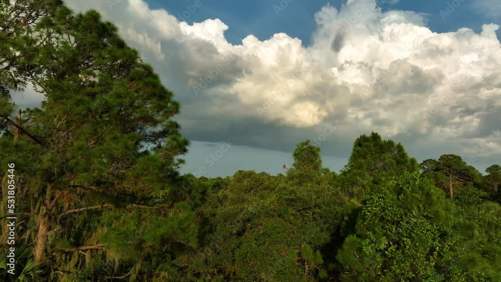 Dark stormy clouds forming on gloomy sky before heavy rainfall over suburban town area Dark stormy clouds forming on gloomy sky before heavy rainfall over suburban town area