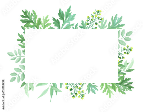 Green leaves frame template. Floral border with place for text. Sagebrush and wild herbs design. Vector illustration. 